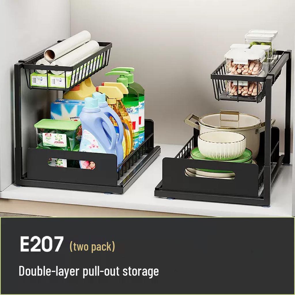 Under-Sink Pull-Out Storage Rack for Kitchen Cabinets - Layered Basket for Spices, Bowls, and Dishes