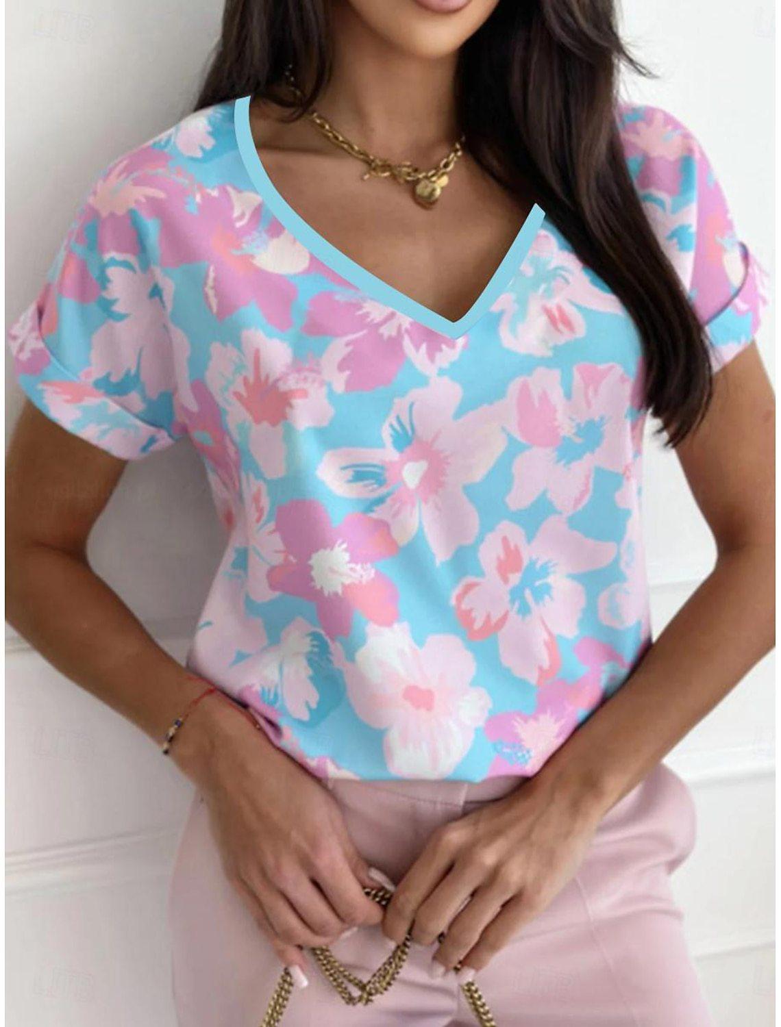 

Summer Fresh Flower 3D Printed Women s V-neck T-shirt 2XL