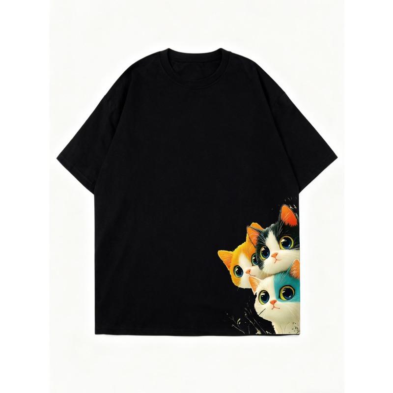 Oversized T Shirt Black Cat Print Graphic Tee Casual Wear for Women Summer Fashion Loose Fit Top Streetwear Style