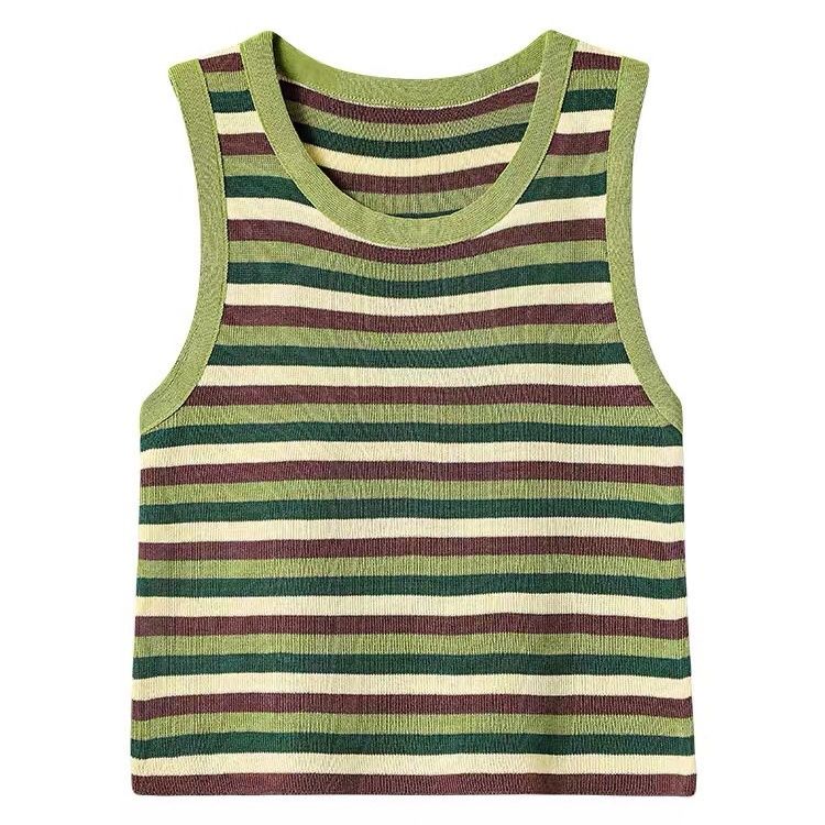 Women's Dopamine Rainbow Stripe Camisole Knit Top Summer Gorgeous Beautiful High-end Sleeveless Small Vest Outer Wear
