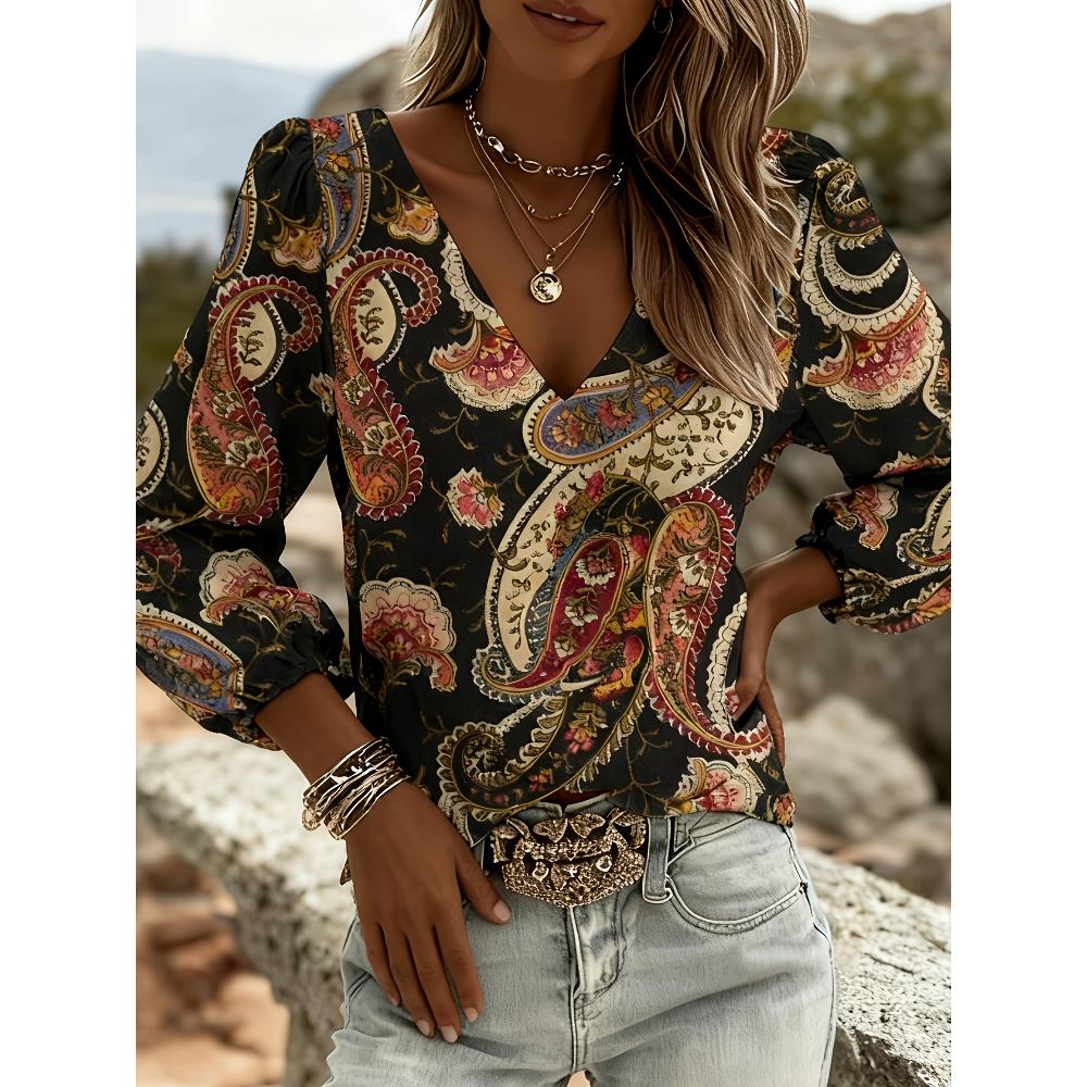 Retro ethnic V-neck women s long-sleeved top with lantern sleeve totem print, loose and slimming long-sleeved top with Bohemian design, suitable for a S