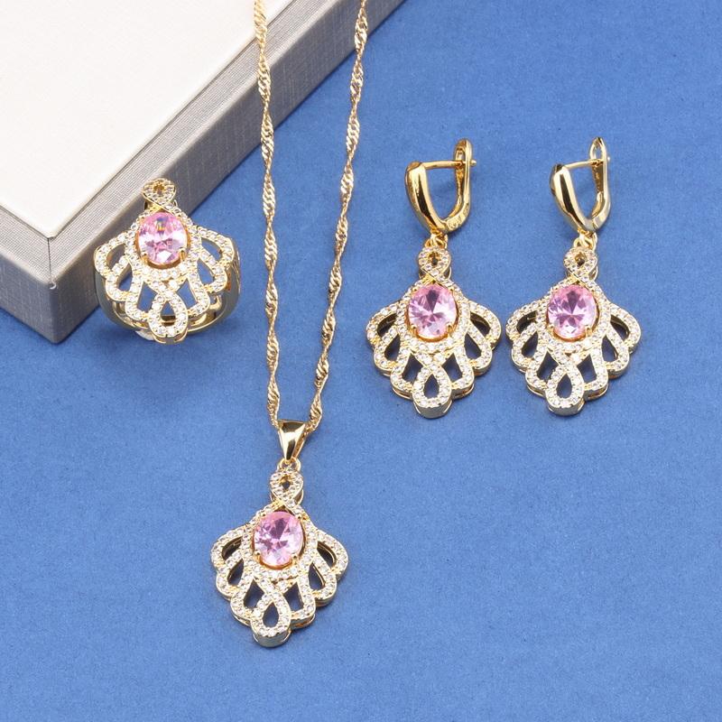 Unique  Gold Plated Wedding Accessories Big Jewelry Sets Colorful Zircon Bridal Necklace And Earrings Ring For Women Gift
