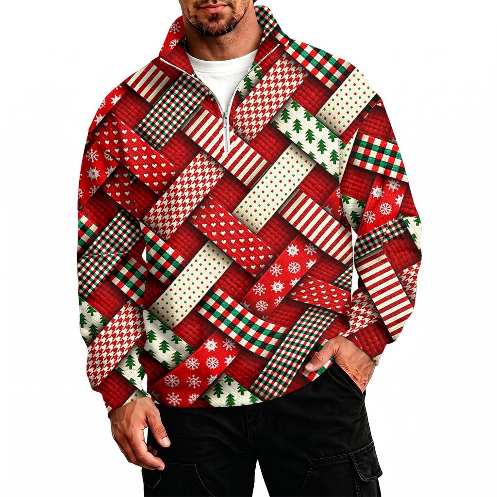Men's Casual Stand Collar Sweatshirt with Holiday Christmas Print