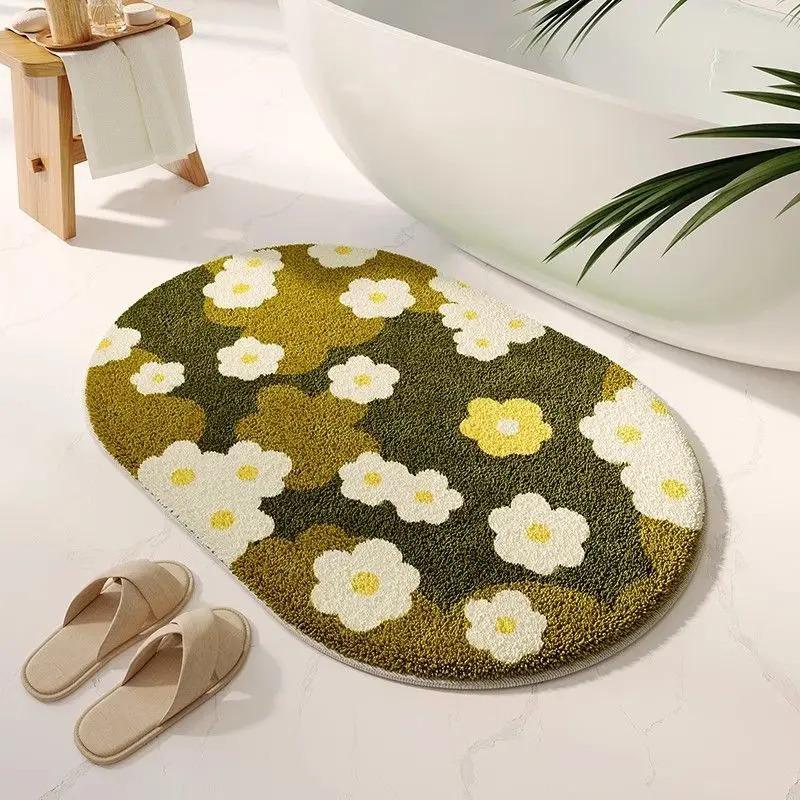 VIKAMA Fresh Flower Synthetic Cashmere Carpet Soft Absorbent Bathroom Floor Mat Shower Entrance Door Mat Bedroom Decor