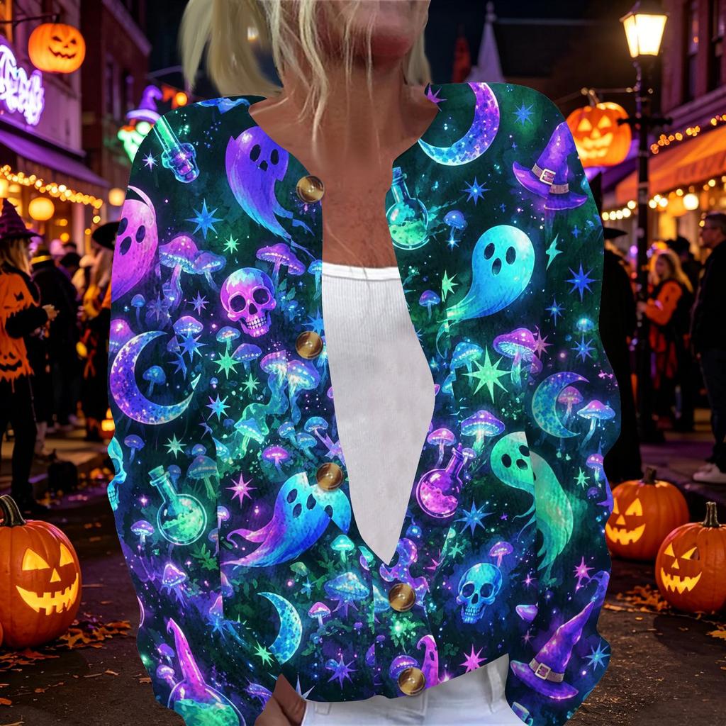 Women's Long Sleeve Knit Cardigan Button Up Sweater Halloween Print Lightweight Casual Outerwear for Autumn and Winter