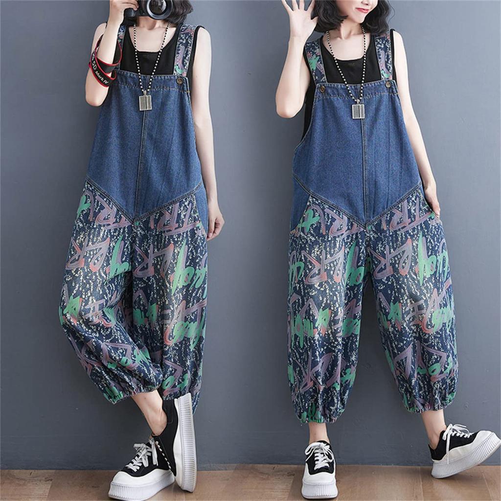 Mouhoukyo Denim Loose Cropped Sizes Women's Overalls, Wide-Leg Pants, Jeans, Fit, Printed, Length, Casual, Flattering, M-2XL, Spring/Autumn (Color