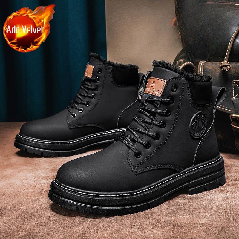 2026 Trendy Men's Lace Up High Top Fleece Lined Cotton Workwear Boots Spring Autumn Outdoor Motorcycle UK Style Short Boots
