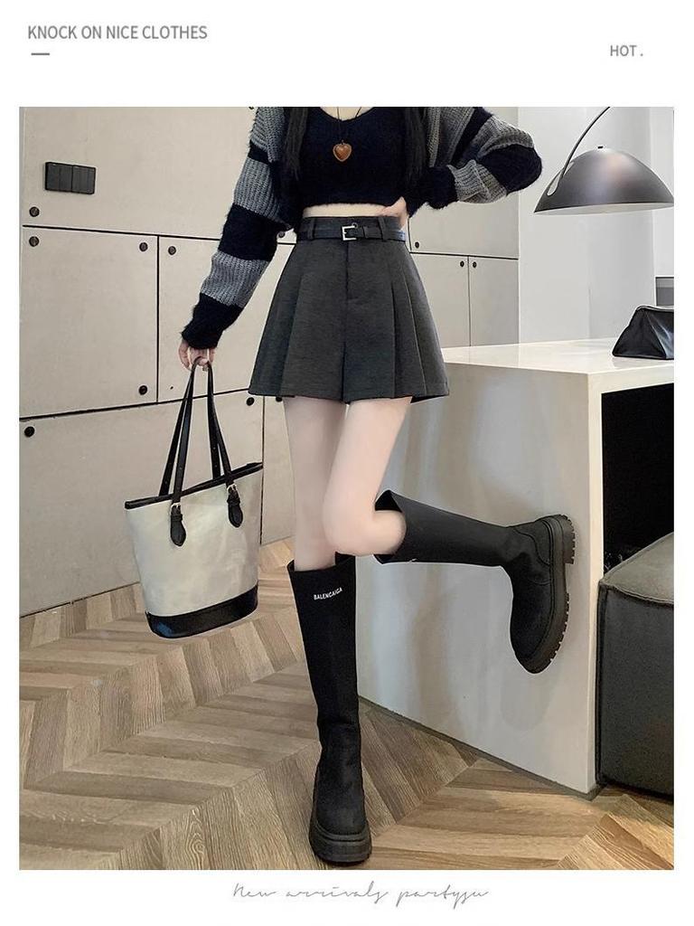 Woolen High-Waist Wide-Leg A-Line Shorts for Women, Petite Fit, Coffee Color, Perfect for Autumn and Winter