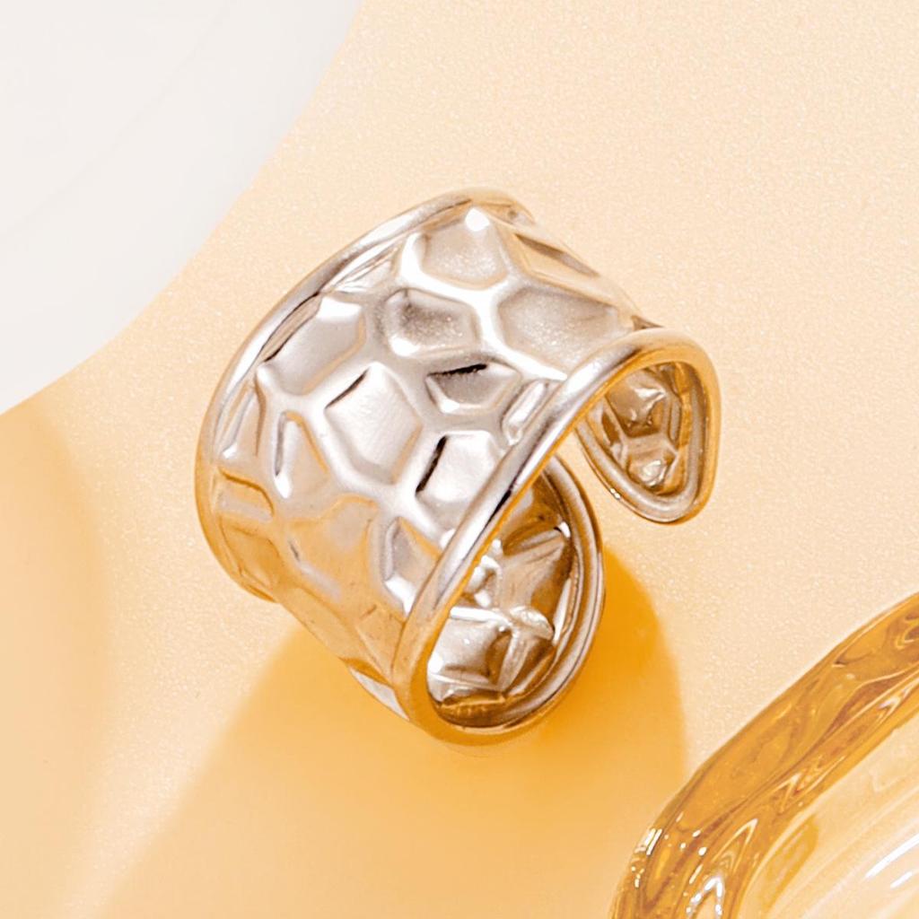 Wide Geometric Textured Stainless Steel Open Ring for Women