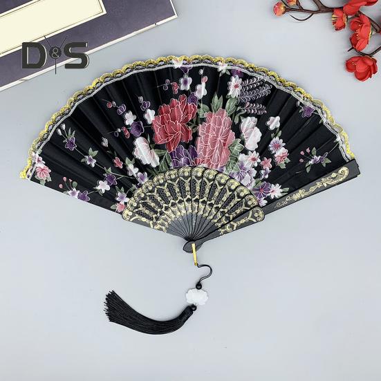 Chinese Style Flower Folding Fan with Tassels Portable Summer Hand Held Cooling Fan Decoration Dance Performance Props Party Costume Accessories