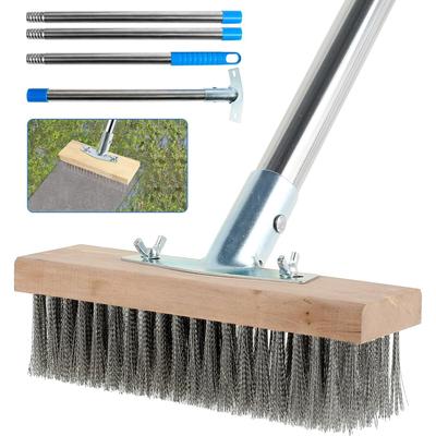 Stainless Steel Wire Broom with 4 Detachable Pole Stiff Metal Brush Deck Scrubber Long Handle Floor Scrub Bristles Tile Deck Cleaning Tool for Moss