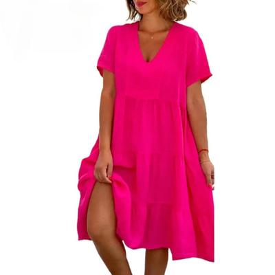 Women's Fashion Summer Spring Solid Color Print Short Sleeve V-Neck Casual Dresses