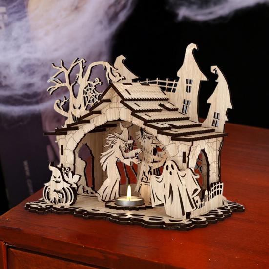 Halloween Kerzenhalter Gruselig Hölzern Hexe Geisterhaus Kerzenständer Dekoration für Zuhause Innenparty Deko