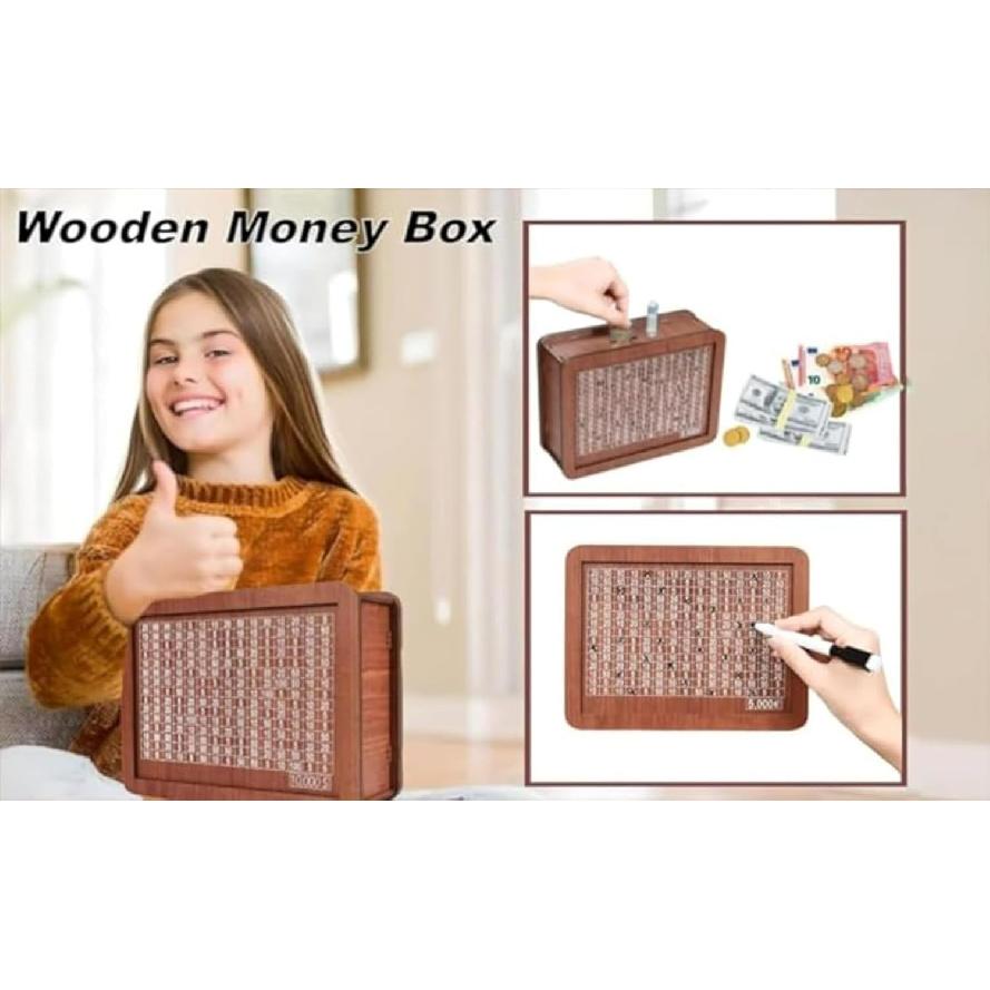 Wooden Money Box with Savings Target and Numbers, Reusable Money Saving Box for Cash, Savings Challenges Box w/Counter Crafts, Portable Storage Case