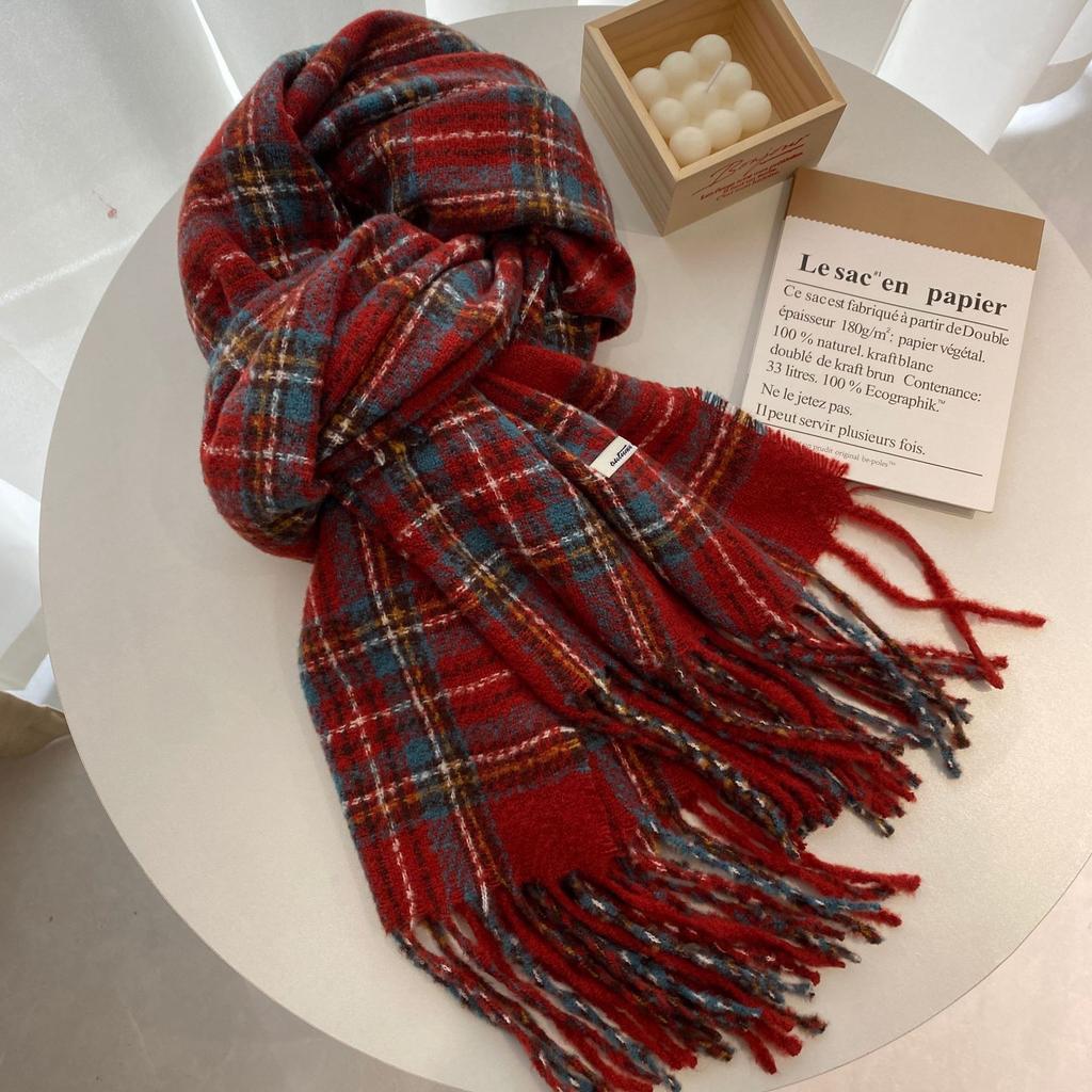 Korean Style Scarf Winter Warm Atmosphere  New Year and Christmas Warm Shawl  Student Retro Plaid Scarf