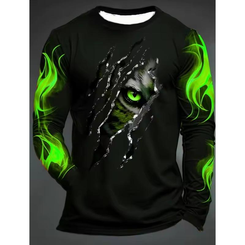 3D Printed Flame Scratch Pattern Autumn Men's Crew Neck T-Shirt Casual Long Sleeve Oversized Pullover Fashion Tops