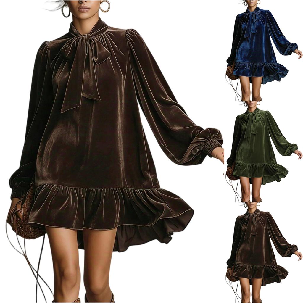 Casual, Elegant, Retro Dress, Loose Long Sleeves, Color Velvet Dress