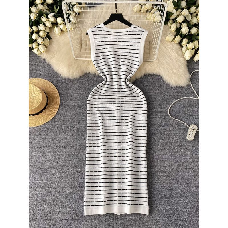 Ladies Elegant Classic Style Stripes Dress Women's Summer Fancy Fashion Casual Long Knitting Vest Dress