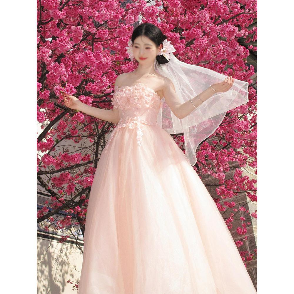 Pink tube top veil dress French student day bar mitzvah beautiful flowers on the run male skirt 2025 new