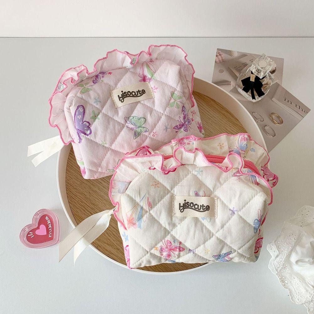 Lace Butterfly Print Toiletry Storage Bag Large Capacity Lace Pen Bag Sweet Storage Bags  Women