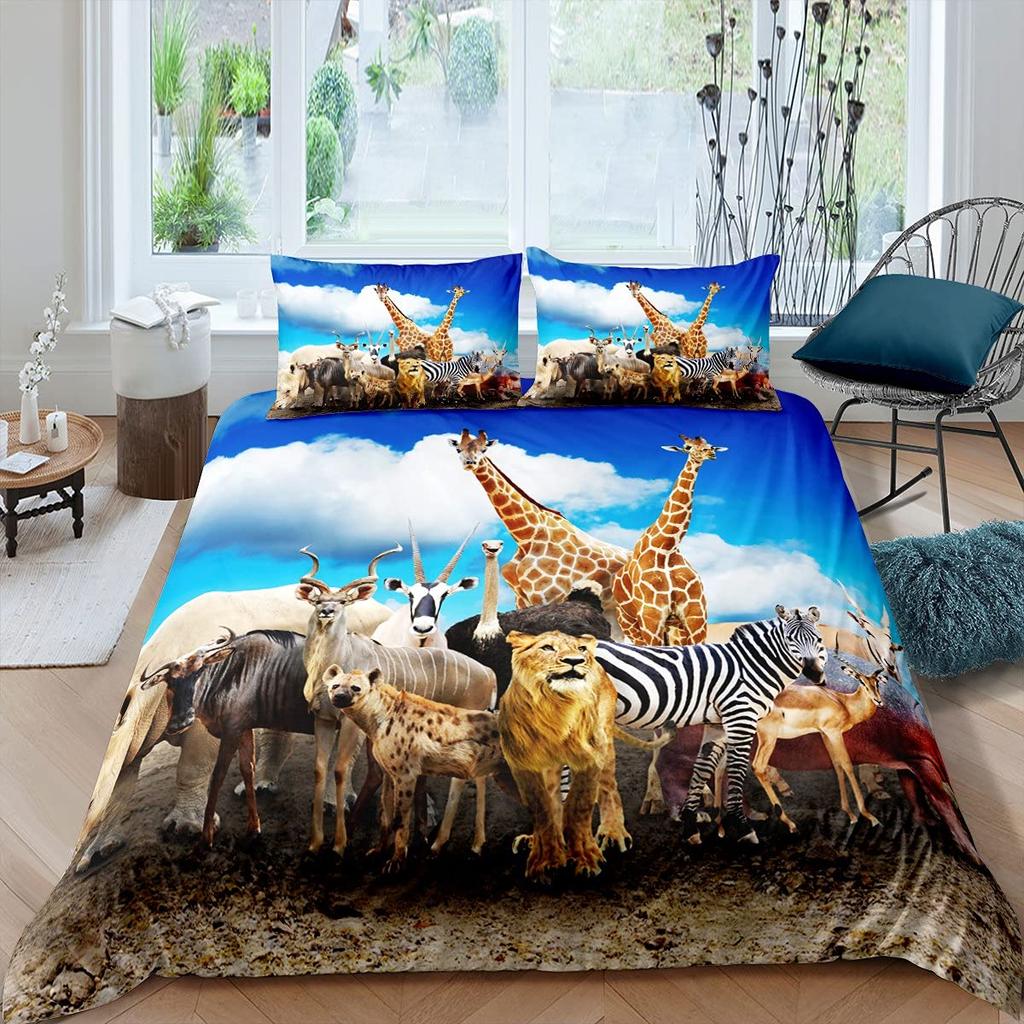 Cartoon Animals Duvet Cover Set King Size Savannah Tropical Forest Jungle Wildlife Bedding Set Kids Zoo Polyester Quilt Cover