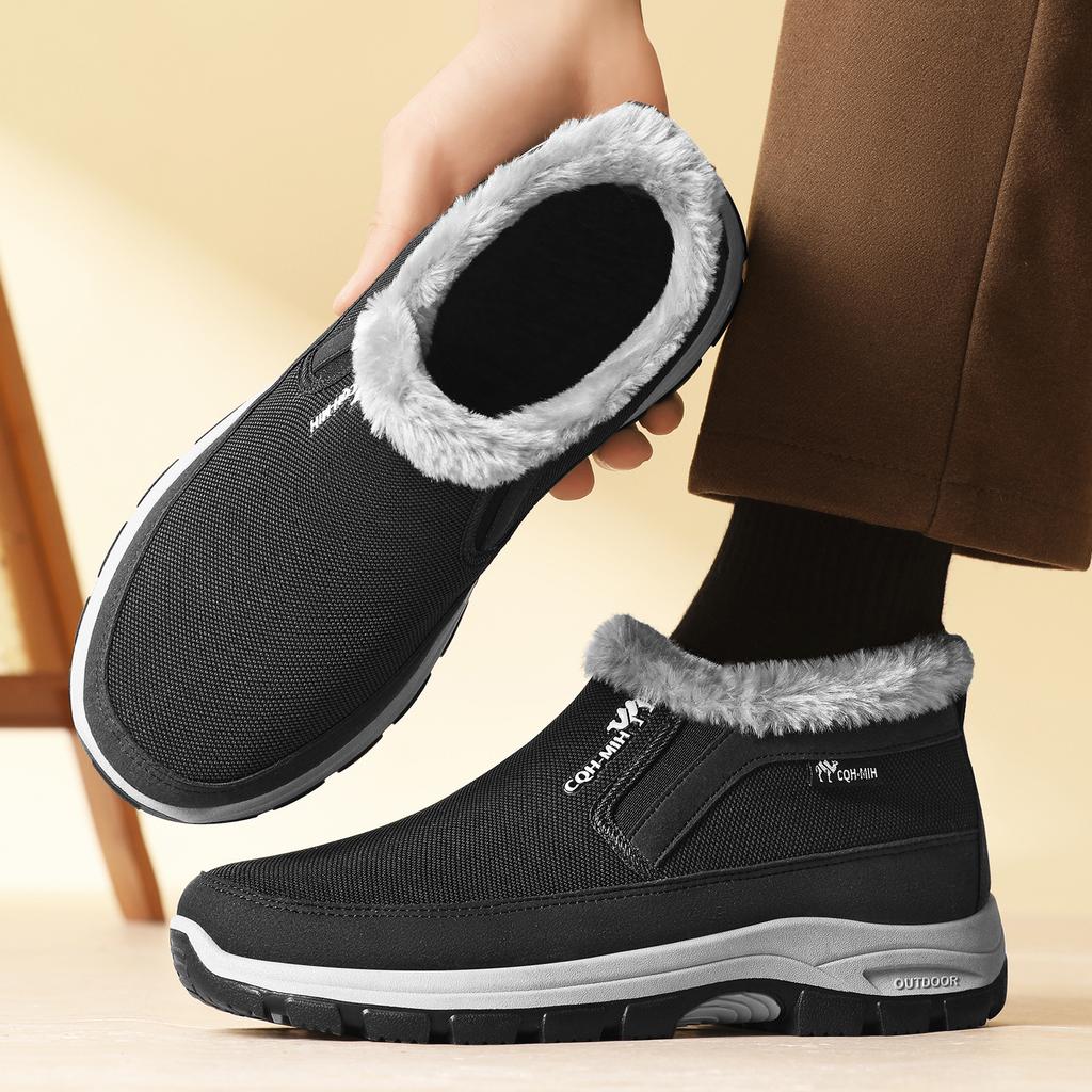 Winter Men Fleece Lined Slip On Shoes, Warm Fabric Upper Soft Sole Cold Proof Outdoor Casual Footwear