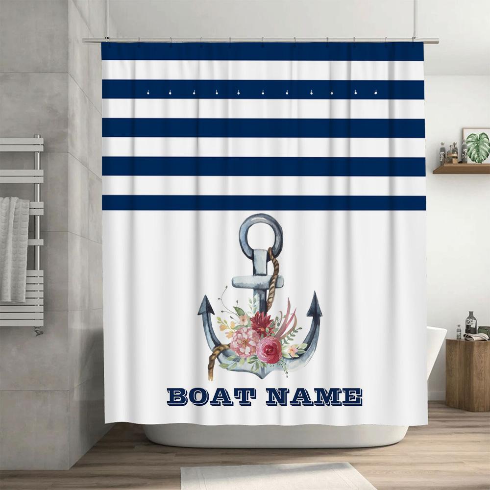 Aquarell Ankare Duschdraperi Personlig Dekor För Badrum Marinblå Ränder Båtnamn Anpassningsbart Vattentätt Tygset