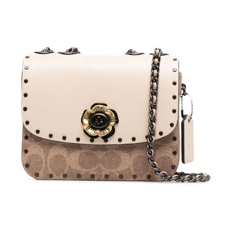 Coach Madison 16 Camellia Color Block Studded Flap Chain Crossbody Bag Small Women bags Beige Multicolor C2462-V5SNE