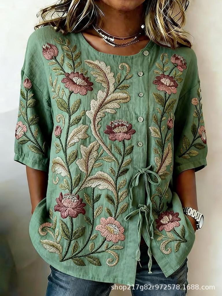 European and American summer new women's tops, shirts, geometric printing buttons, drawstrings, half-sleeved tops, T-shirts, women's clothing