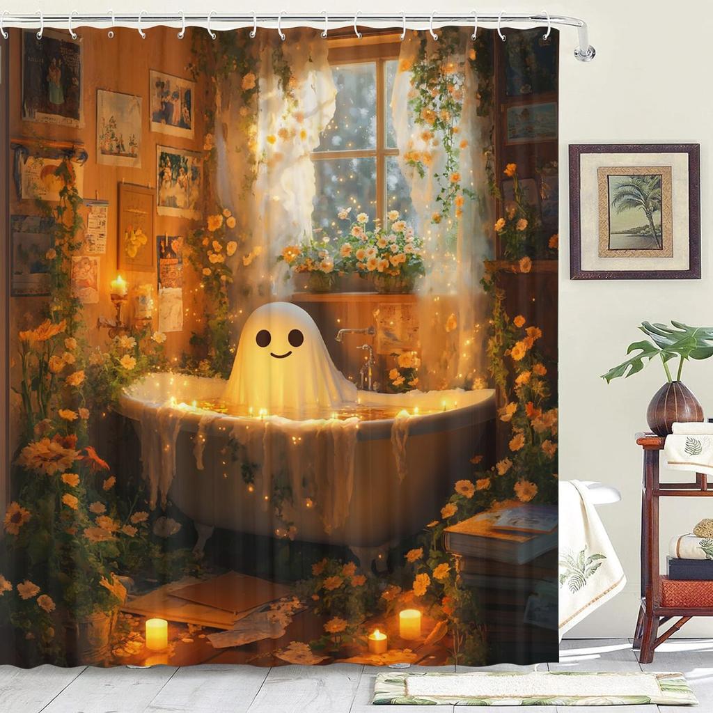 Ghost Bath Theme Waterproof Shower Curtain, Non-Woven, Art Graphic Pattern, With Hooks, Machine Washable - Art Decor Accessory