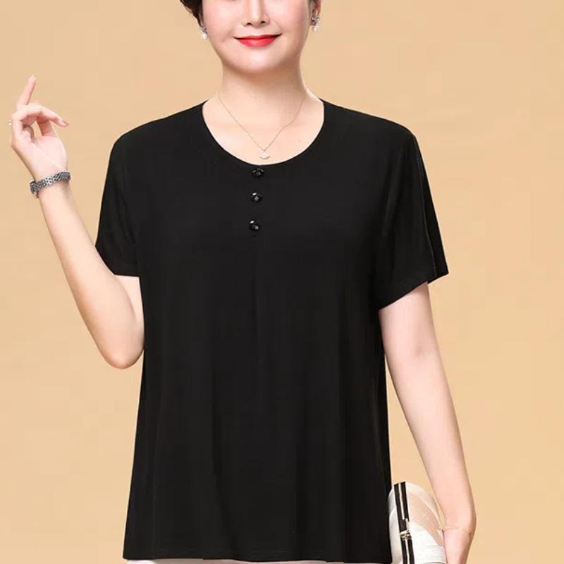 Simplicity Casual Summer Solid New Women's Round Neck Button Temperament Fashion Versatile Loose Short Sleeve T-Shirts Tops