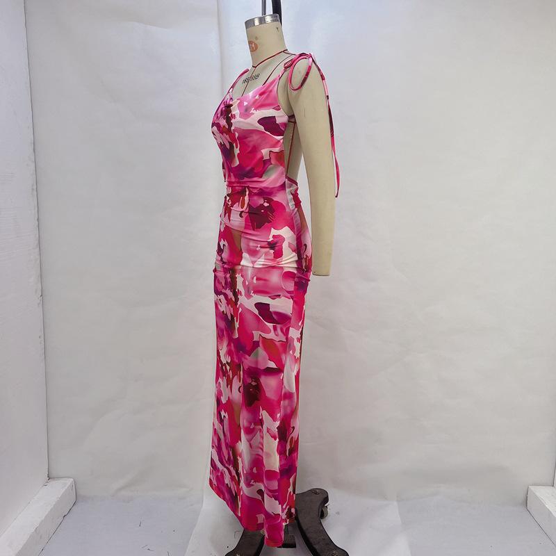 Sleeveless Floral Print Suspender Dress Women Fashion V-neck Slim Maxi Dresses Summer Chic Female Beach Party Club Robe