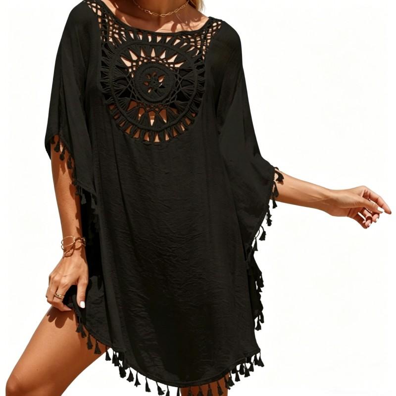 Boho Sommer Strand Häkel-Überwurf - Lockeres Mini-Kleid mit Quasten für Urlaub & Schwimmbad