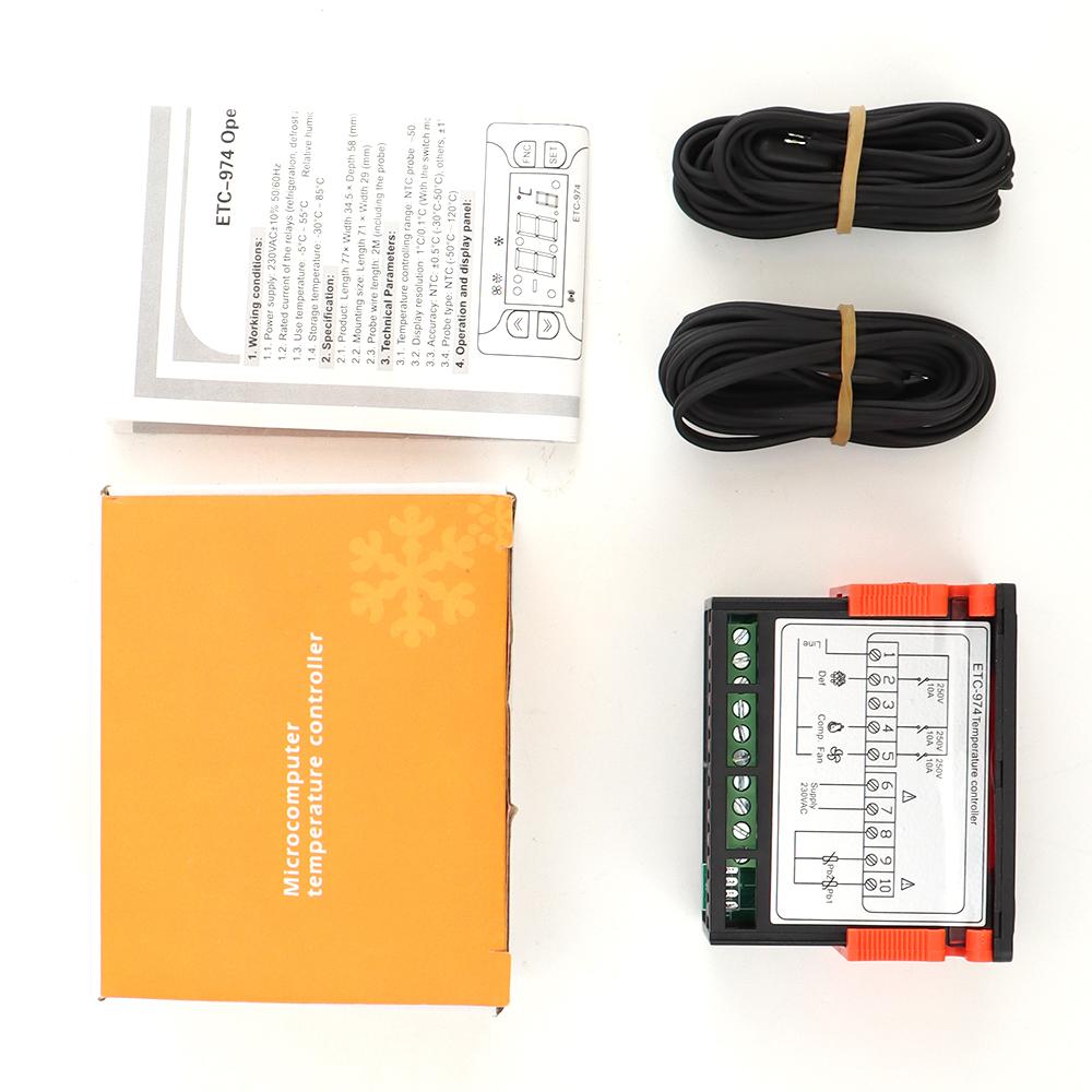 ETC-974 Controlador de Temperatura con Doble Sensor NTC Termorregulador para Refrigerador Descongelación Calefacción 220V