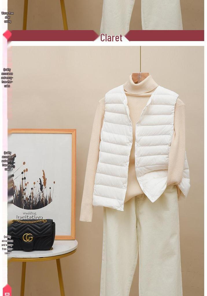 Women's Lightweight Down Vest: 90% Down, Collarless, Round Neck, Thin Style for Middle-Aged and Elderly.