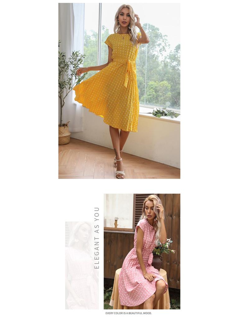 2026 Summer Polka Dot Pleated Lace-up Dress - Mid-length Casual Short-sleeved Style for European and American Markets