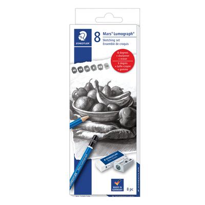 Staedtler Mars Lumograph Graphite Artist Sketch 6 Degrees Mini Mars Plastic Metal 61 Set, (6B, 4B, 2B, B, HB, 2H), Eraser, Sharpener, (100C8LU)