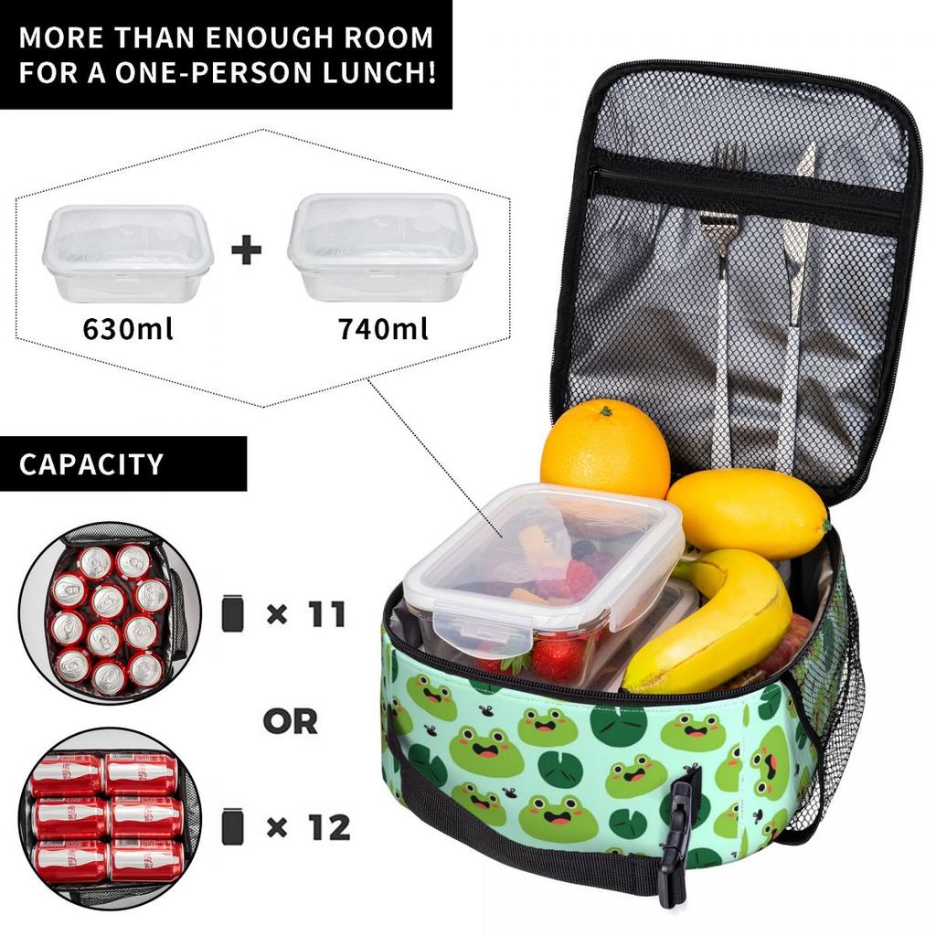 Cartoon Niedliches Froschmuster auf Lotusblättern Isolierte Lunchtasche für Damen Kinder Auslaufsichere Lebensmittelboxen Thermische Lunchbox Tragetasche