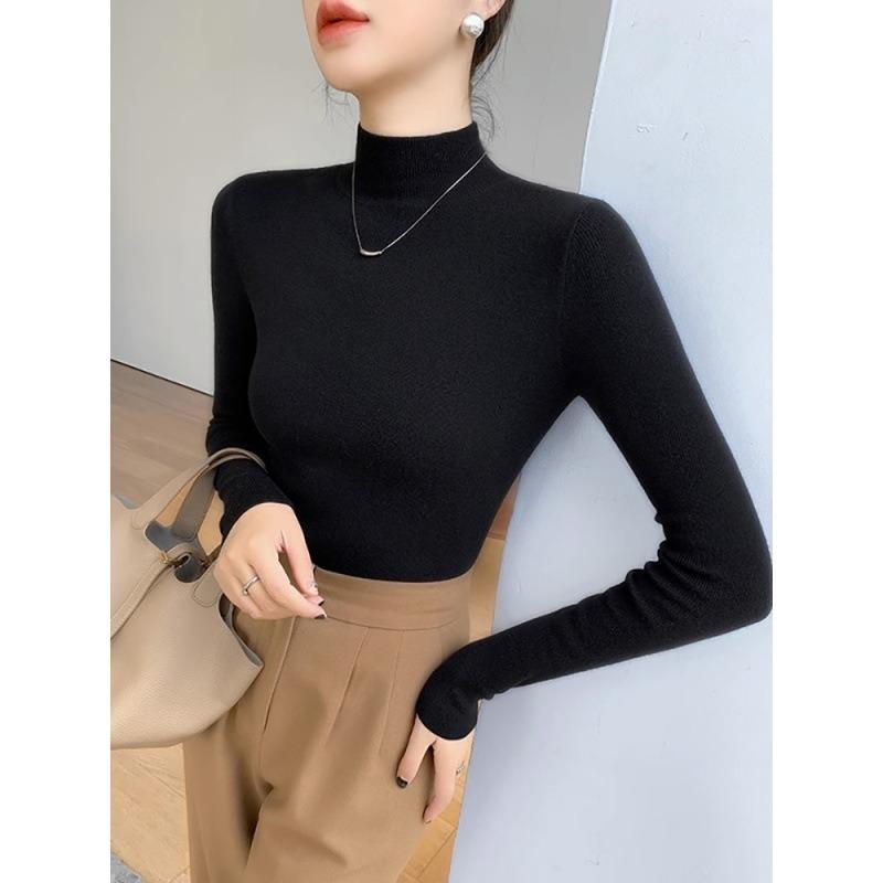 Autumn and winter black temperament semi-turtleneck knitted sweater women's new long-sleeved bottom sweater top