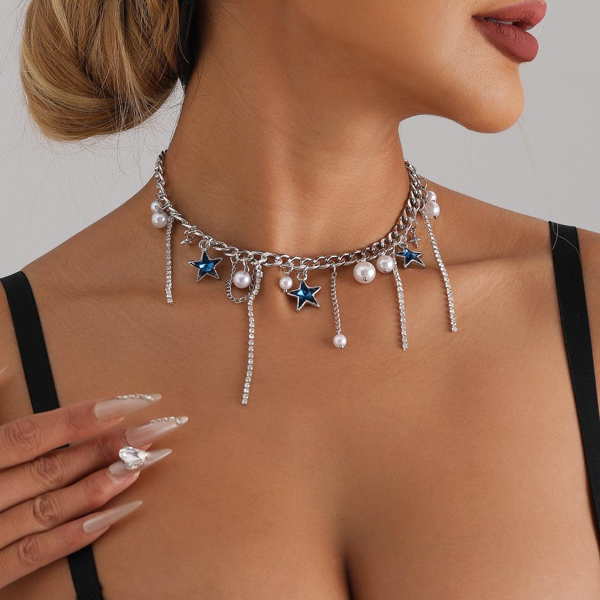 Blue Star Pearl Pendant Necklace Women Pearl Shining Crystal Tassel Chain Choker Five-pointed Star Clavicle Fashion Zircon Gift