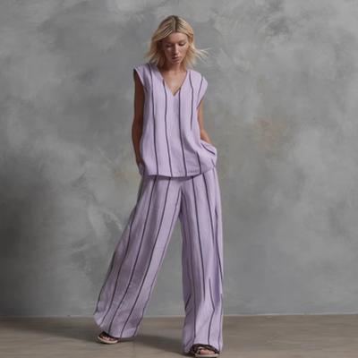 Damen Gestreifter Ärmelloser V-Ausschnitt Weiter Bein Jumpsuit Lockere Passform Lässiger Sommer Jumpsuit