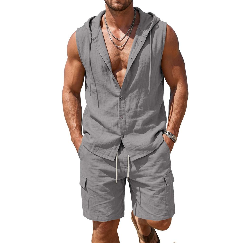 Men's Linen Hooded Shirt & Shorts Two-Piece Summer Set in Stock