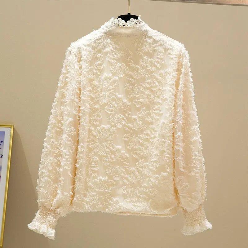 Stand-up Collar, Fleece and Thickened Base Layer, Paired with A Chiffon Top and Lace Shirt, A Stylish Autumn and Winter Blouse for Women