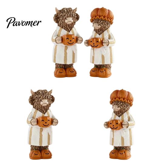 Charming Fall Housewarming Presents Halloween Highland Cow Figurine, Resin Statue with Pumpkin Mug, Spooky Seasonal Tiered Tray Decor Farmhouse