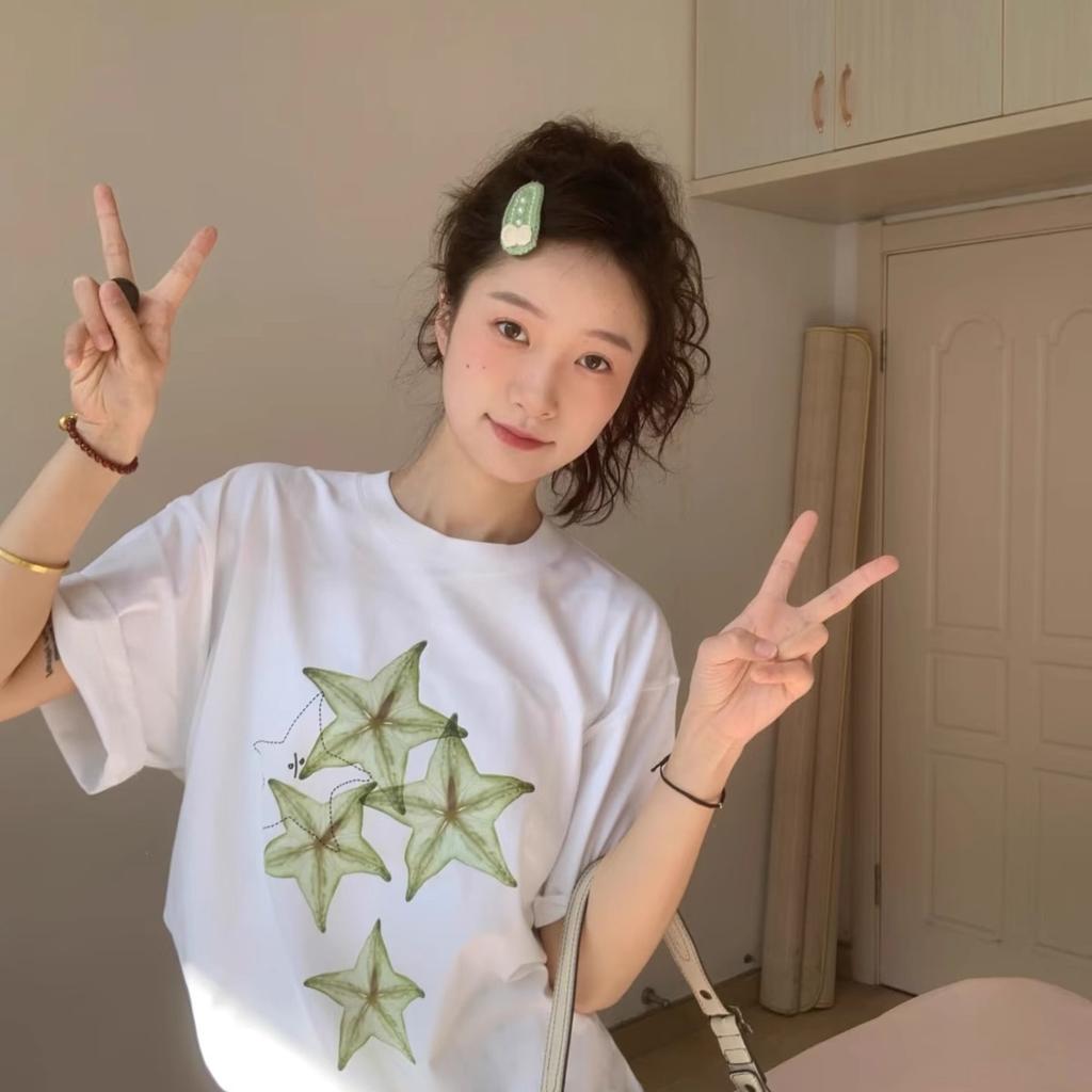 Korean niche white short-sleeved T-shirt women's summer fun star fruit print loose casual heavy cotton top ins