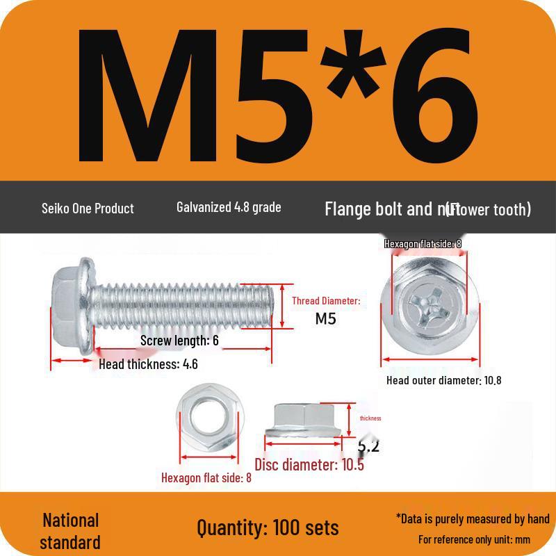 4.8 Grade Galvanized Hex Bolt Set with Anti-slip Washer & Nut, Cross Flange Head, M4/M5/M6/M8mm