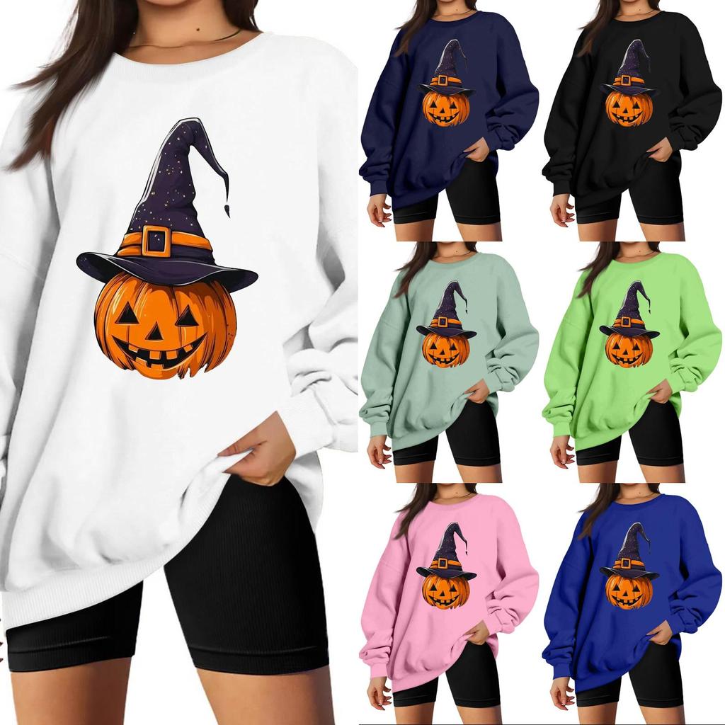 Women's Neck Long Sleeve Loose Fit Casual Sweatshirt Pullover Top with Halloween Print