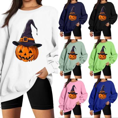 Damen Rundhals Langarm Locker Geschnitten Freizeit Sweatshirt Pullover Oberteil mit Halloween Print