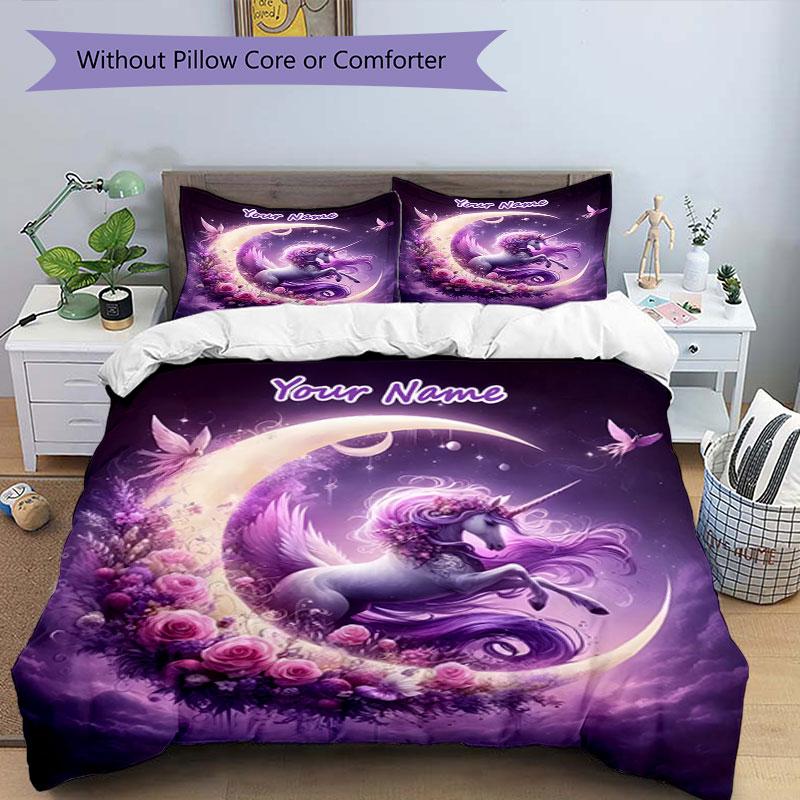 3PC Custom Name Unicorn Dreams Moon Bedding Set Duvet Cover Closure Includes 1 Duvet Cover & 2 Pillowcases for Bedroom