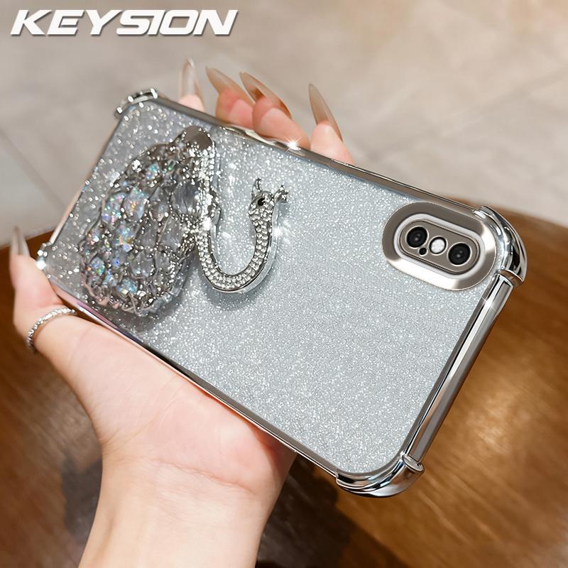 KEYSION Shockproof Plating Phone Case for iPhone XS Max Clear TPU Glitter Jewelled Swan Kickstand Back Cover for iPhone X XR
